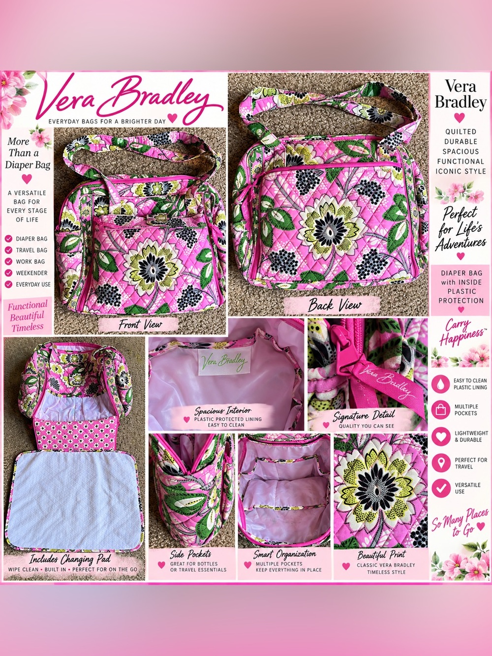 “Vera Bradley Quilted Floral Diaper Bag Changing Pad Pink Green Multi Pocket”